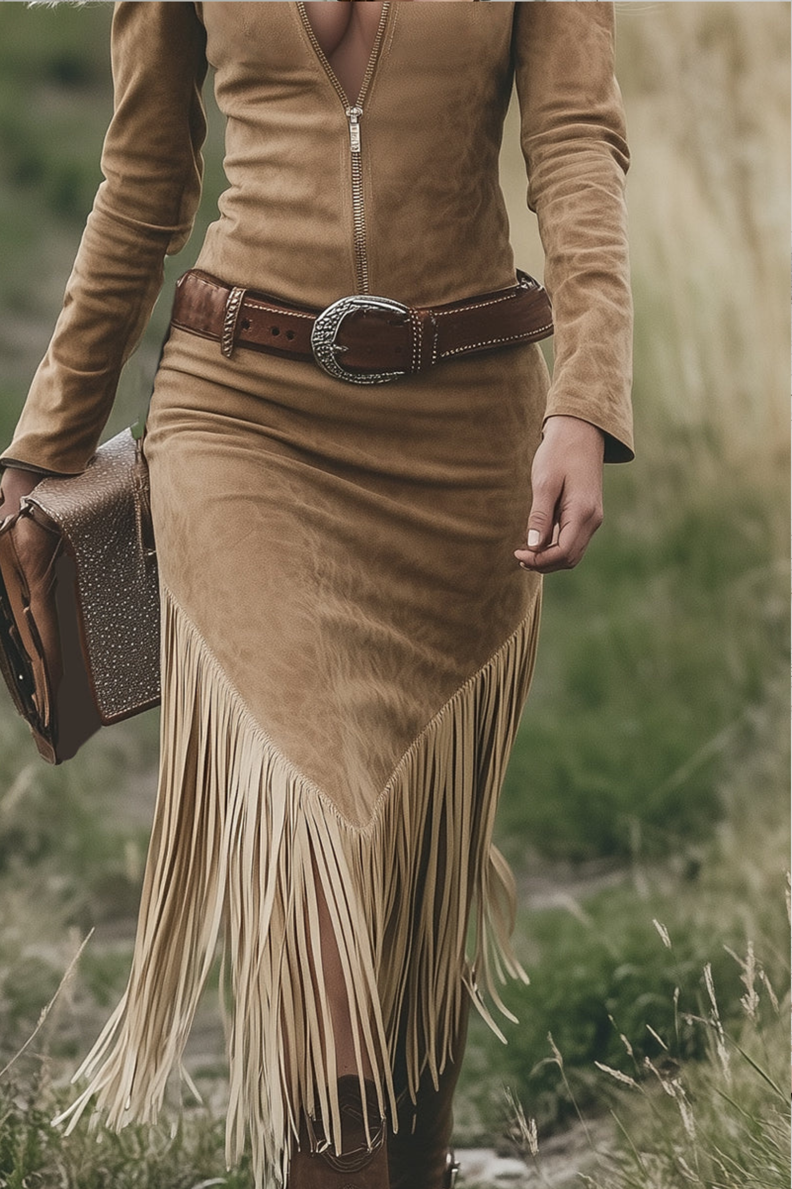 Vestido Midi Retro Western de Cowgirl para Mujer con Solapa, Cierre de Cremallera y Detalles de Borlas – Camel