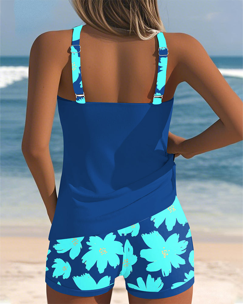 Conjunto de Tankini Sin Mangas con Escote en U para Mujeres, Pantalones Cortos de Boxer Florales, Playa, Piscina, Vacaciones, Resort, Verano Activo – Paradiso