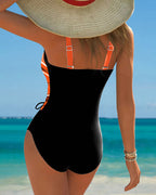 Traje de baño de una pieza para mujer con diseño de color contrastante, con cordones y frente envolvente, sin mangas, para la playa en verano