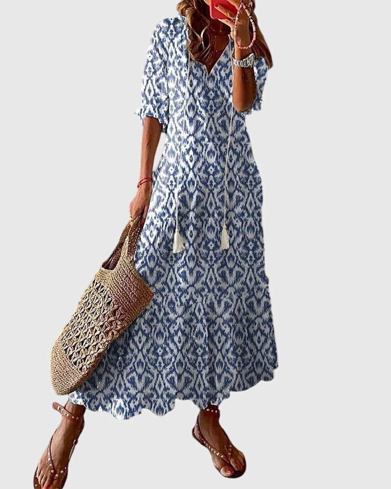 Vestido Midi de Verano Boho Vintage para Mujeres con Estampado Floral y Manga Corta Casual Femenino Chic – Amalia
