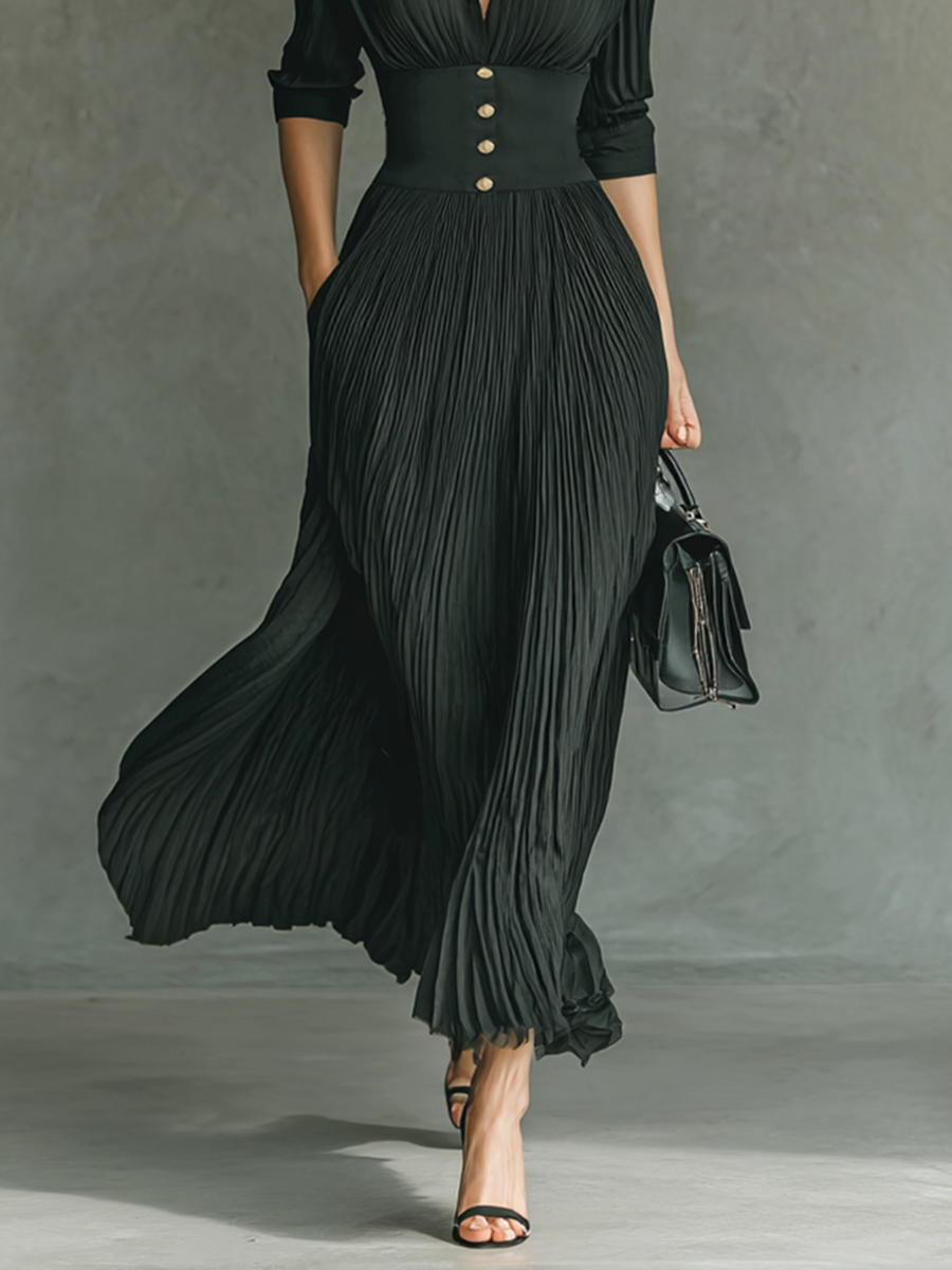 Vestido Largo Plisado de Color Sólido para Mujer con Solapa y Cinturón – Negro