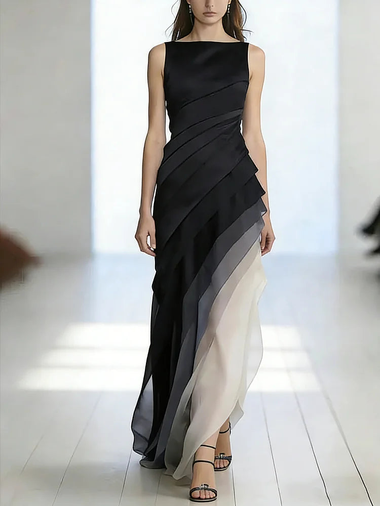 Vestido Largo Sin Mangas de Tul con Cintura Alta y Parches para Mujeres - Gala de Prom, Boda, Invitada de Noche Elegante – Lumière