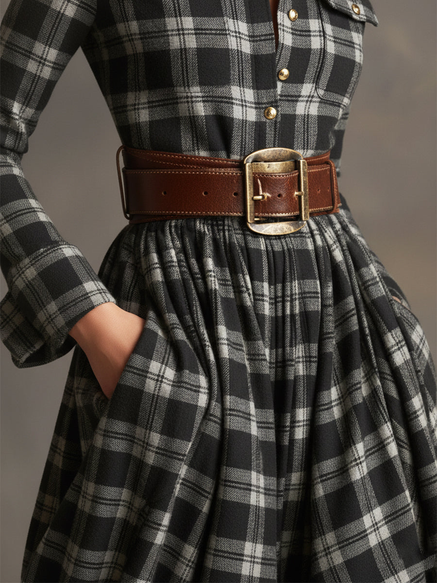 Vestido Largo de Vaquera Étnica Retro para Mujer con Cuello, Cinturón y Mangas Largas – Marrón Rojizo