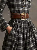 Vestido Largo de Vaquera Étnica Retro para Mujer con Cuello, Cinturón y Mangas Largas – Marrón Rojizo