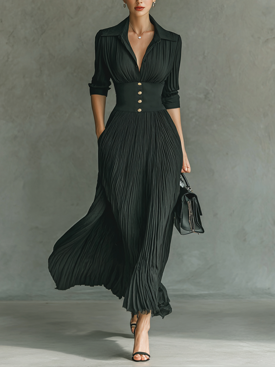 Vestido Largo Plisado de Color Sólido para Mujer con Solapa y Cinturón – Negro