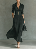 Vestido Largo Plisado de Color Sólido para Mujer con Solapa y Cinturón – Negro