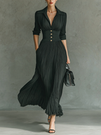 Vestido Largo Plisado de Color Sólido para Mujer con Solapa y Cinturón – Negro