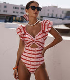 Conjunto de Traje de Baño de Una Pieza con Volantes y Falda Larga a Rayas Rojas - Frente Torcido para Vacaciones en la Playa, Fiesta en la Piscina, Verano en el Resort – Rojo y Blanco