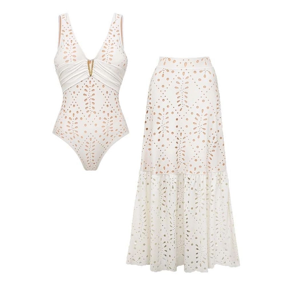 Conjunto de traje de baño de una pieza con escote en V, corte láser y florales & falda larga para vacaciones en la playa, resort, fiesta en la piscina, crucero, luna de miel – Blanco
