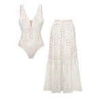Conjunto de traje de baño de una pieza con escote en V, corte láser y florales & falda larga para vacaciones en la playa, resort, fiesta en la piscina, crucero, luna de miel – Blanco