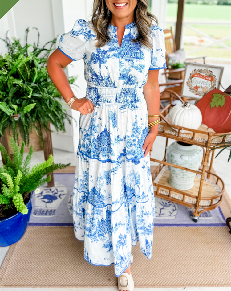 Vestido Midi de Mujer con Cintura Fruncida, Falda de Volantes Floral, Casual de Primavera y Verano Elegante – Camille