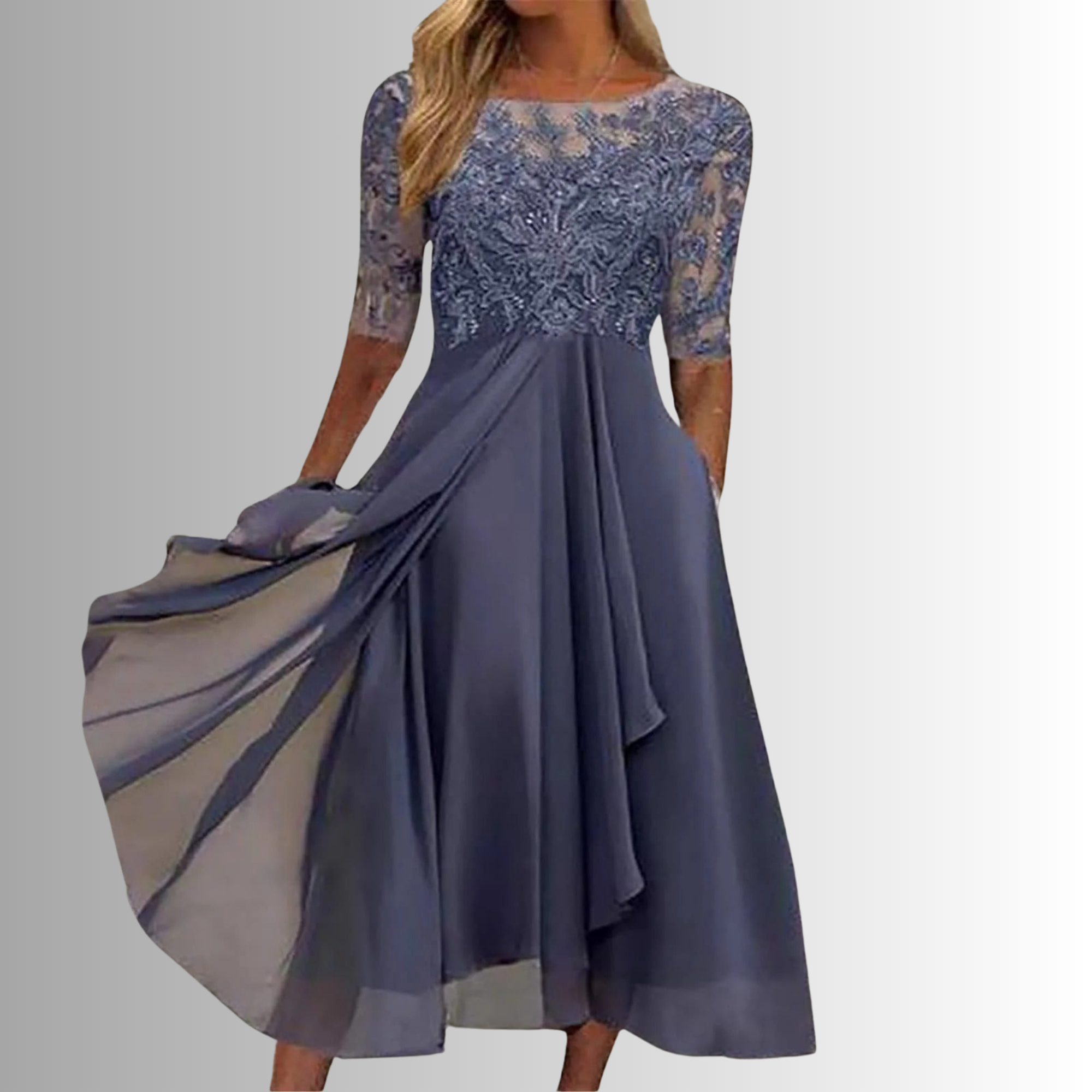 Vestido Midi Elegante de Encaje para Mujer con Manga 3/4 para Invitadas de Boda, Madres de la Novia, Cócteles y Fiestas Nocturnas – Rhonda