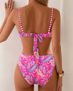 Conjunto de Bikini de Impresión Resort de Moda para Mujeres con Sujetador Sin Aros y Diseño Sin Espalda, Ajuste Delgado, Traje de Baño de Verano para Playa