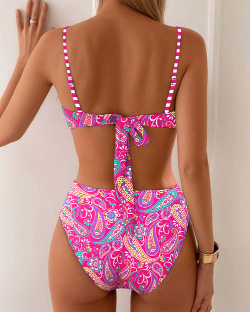 Conjunto de Bikini de Impresión Resort de Moda para Mujeres con Sujetador Sin Aros y Diseño Sin Espalda, Ajuste Delgado, Traje de Baño de Verano para Playa