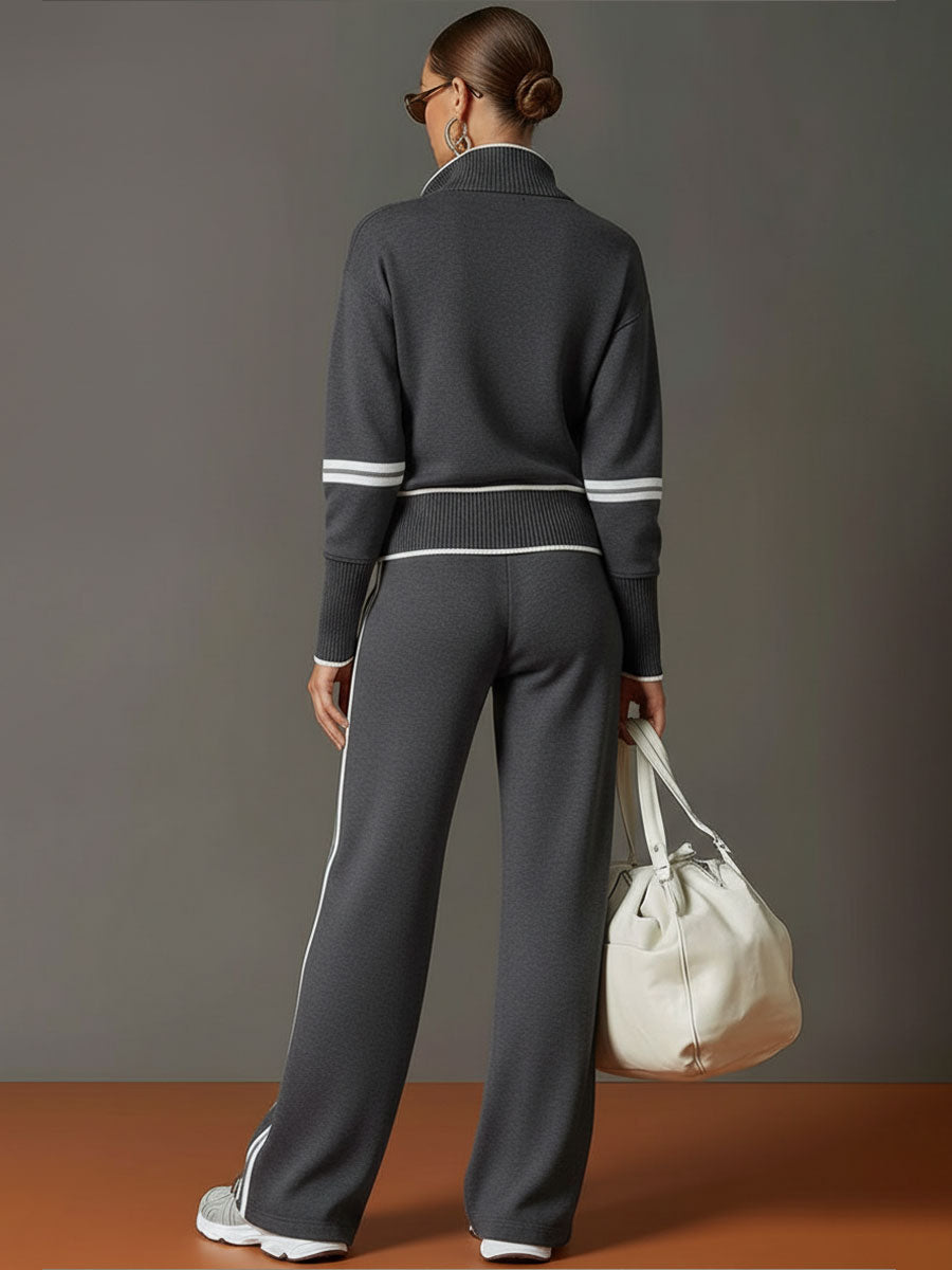 Conjunto Deportivo Retro para Mujer de Dos Piezas Sudadera con Media Cremallera Pantalones de Pierna Ancha con Cinta a Rayas Casual – Gris Blanco