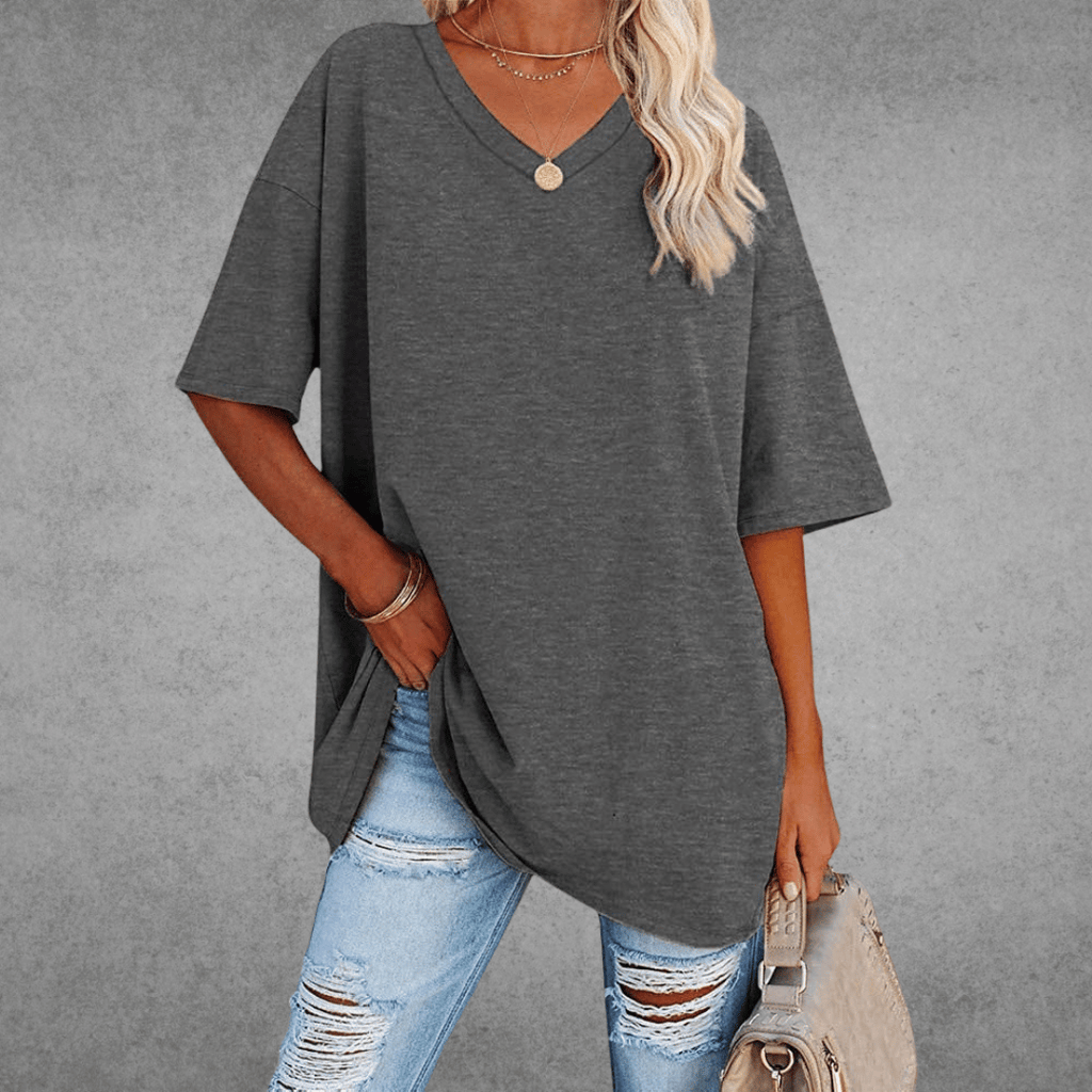 Camiseta de V-Cuello Oversized para Mujer, Casual, Fit Relajado, de Manga Corta, Cómoda, Básica – Kate