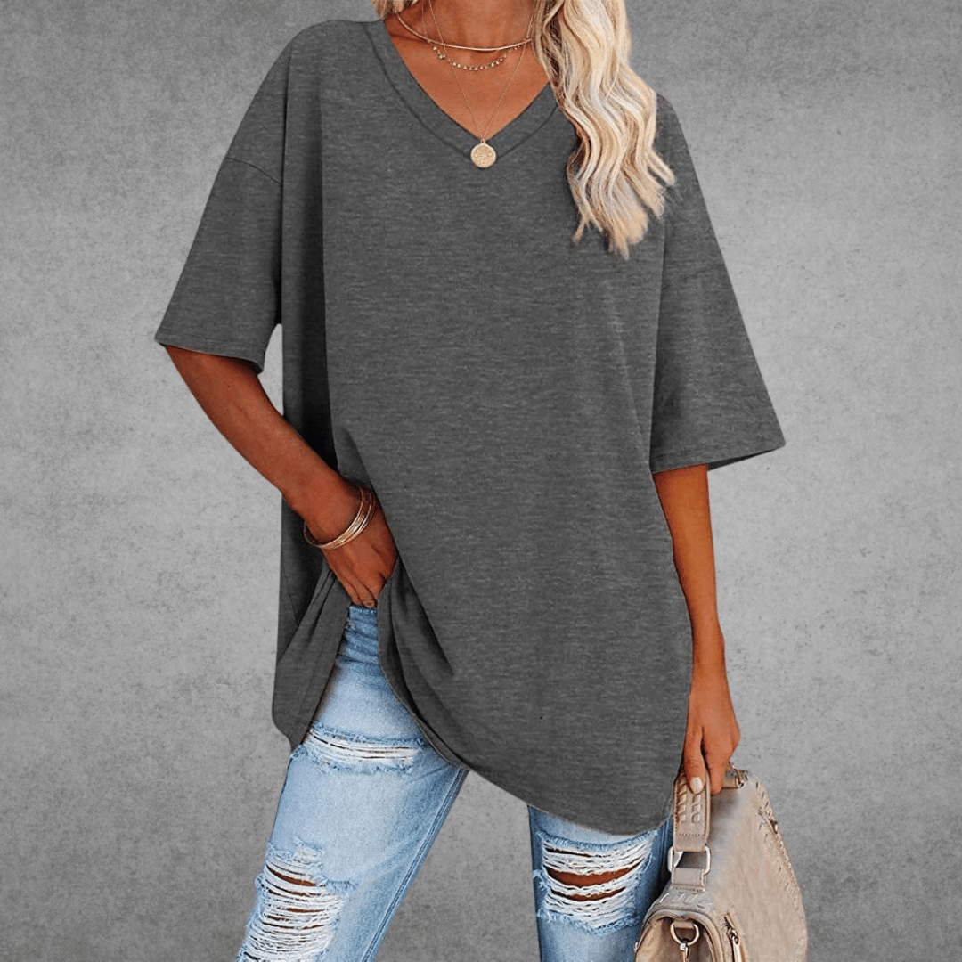 Camiseta de V-Cuello Oversized para Mujer, Casual, Fit Relajado, de Manga Corta, Cómoda, Básica – Kate
