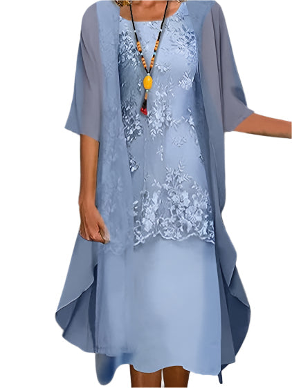 Vestido Midi para Invitadas de Boda con Mangas Transparentes y Silueta Capas Elegante Formal
