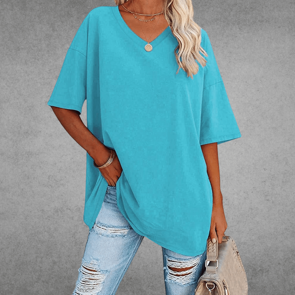Camiseta de V-Cuello Oversized para Mujer, Casual, Fit Relajado, de Manga Corta, Cómoda, Básica – Kate