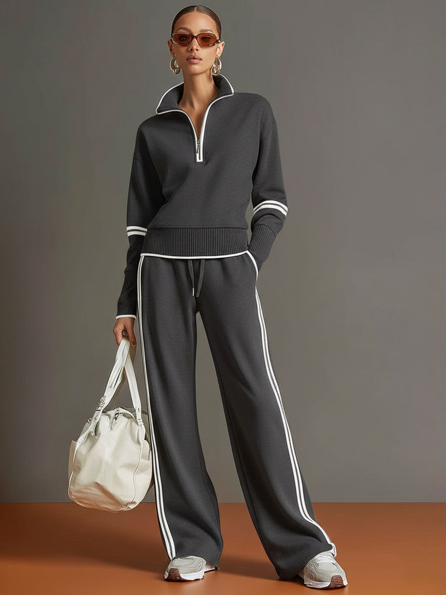 Conjunto Deportivo Retro para Mujer de Dos Piezas Sudadera con Media Cremallera Pantalones de Pierna Ancha con Cinta a Rayas Casual – Gris Blanco
