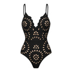 Conjunto de Traje de Baño de Una Pieza con Corte Láser Floral y Falda Larga de Cuello en V para Vacaciones en la Playa, Fiesta en la Piscina, Resort y Crucero – Negro