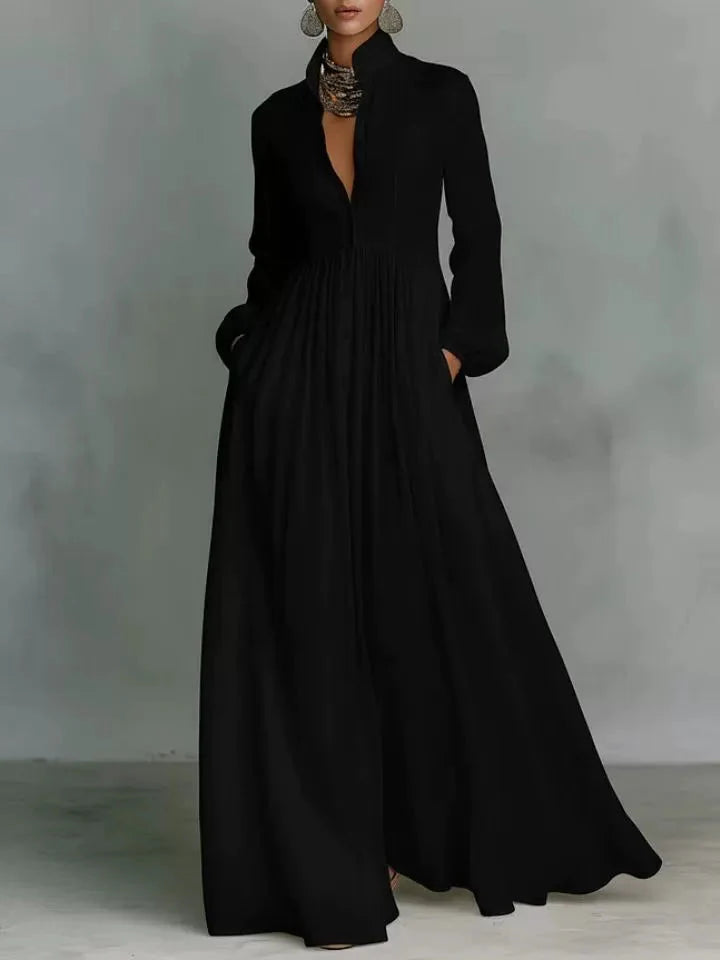 Vestido Largo Casual Formal Minimalista de Algodón y Lino para Mujeres con Cuello Alto y Botones