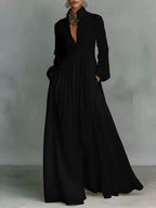 Vestido Largo Casual Formal Minimalista de Algodón y Lino para Mujeres con Cuello Alto y Botones