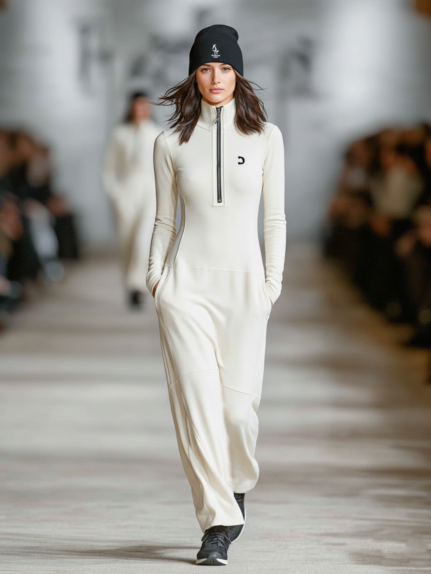 Vestido Largo de Mezcla de Algodón para Mujeres con Cuello Medio-Alto y Cierre de Cremallera, Corte Suelto, Casual y Athleisure – Negro