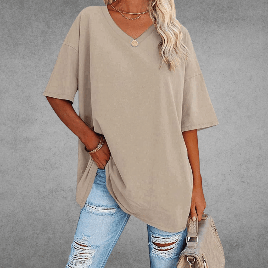 Camiseta de V-Cuello Oversized para Mujer, Casual, Fit Relajado, de Manga Corta, Cómoda, Básica – Kate