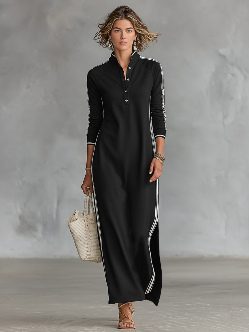 Vestido Largo Casual Minimalista de Verano para Mujer con Cuello Abotonado y Detalles en Blanco – Negro