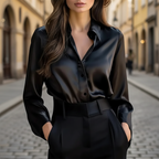 Camisa de Satén Elegante de Manga Larga para Mujeres, Formal y Casual, Blusa de Oficina – Chocolate