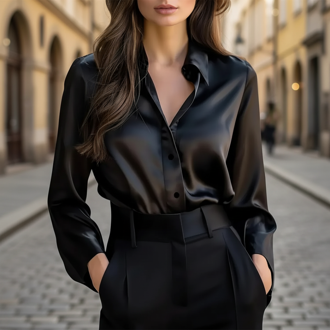 Camisa de Satén Elegante de Manga Larga para Mujeres, Formal y Casual, Blusa de Oficina – Chocolate