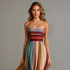 Vestido Largo Plisado para Mujer a Rayas en Tonos Joyas Sin Mangas Formal para Invitadas de Boda Fiesta de Verano – Judith