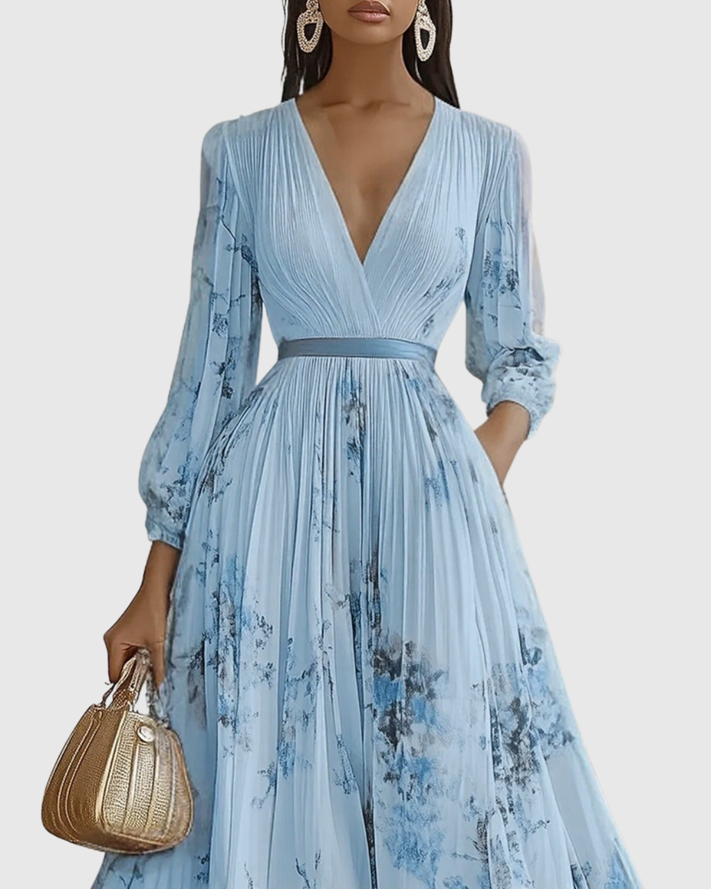 Vestido Largo Floral Plisado Elegante para Mujer con Escote en V y Manga Larga, Cintura con Cinta, Formal e Informal – Rowella