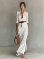 Vestido Largo de Vaquera Elegante para Mujeres con Solapa y Cierre de Un Solo Botón, Cintura con Cinturón, Manga Larga, Casual – Camel