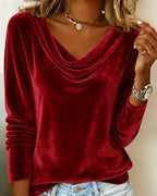 Top de Mujer de Terciopelo con Cuello Cowl de Manga Larga Casual Elegante para el Trabajo, Fiesta, Vacaciones y Ocasiones Festivas – Veloria