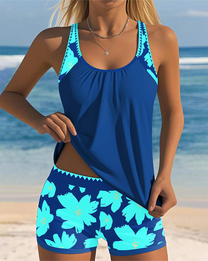 Conjunto de Tankini Sin Mangas con Escote en U para Mujeres, Pantalones Cortos de Boxer Florales, Playa, Piscina, Vacaciones, Resort, Verano Activo – Paradiso
