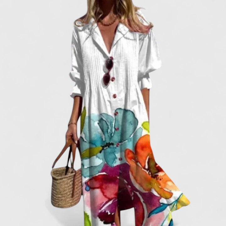 Vestido Midi de Verano Boho Floral Elegante para Mujeres con Estampado Audaz Sin Mangas Fluyente Casual – Paula