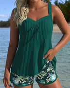 Conjunto de Tankini de Dos Piezas con Fruncidos para Mujeres, Espalda Descubierta, Tirantes Finos, Cortos con Estampado Floral, Playa, Piscina, Vacaciones, Resort, Verano – Marina
