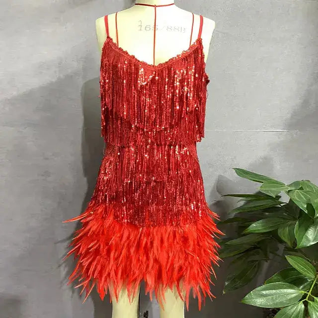 Vestido Mini Elegante de Lentejuelas con Plumas Rosas, Tirantes de Espagueti, Glamour para Cóctel, Noche de Fiesta