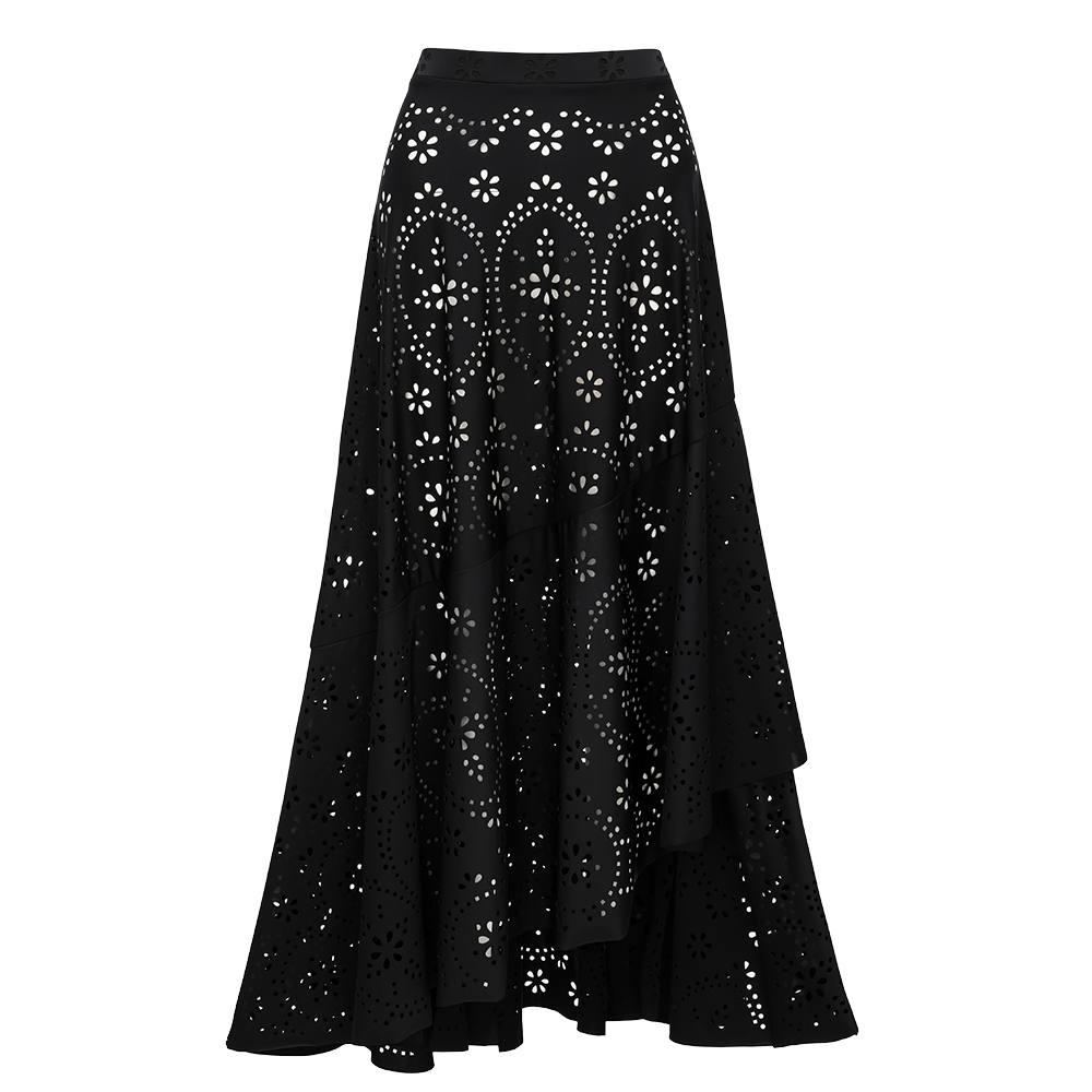 Conjunto de Traje de Baño de Una Pieza Negro con Corte Láser y Falda Larga con Escote en V para Vacaciones en la Playa, Resort, Fiesta en la Piscina y Crucero – Negro