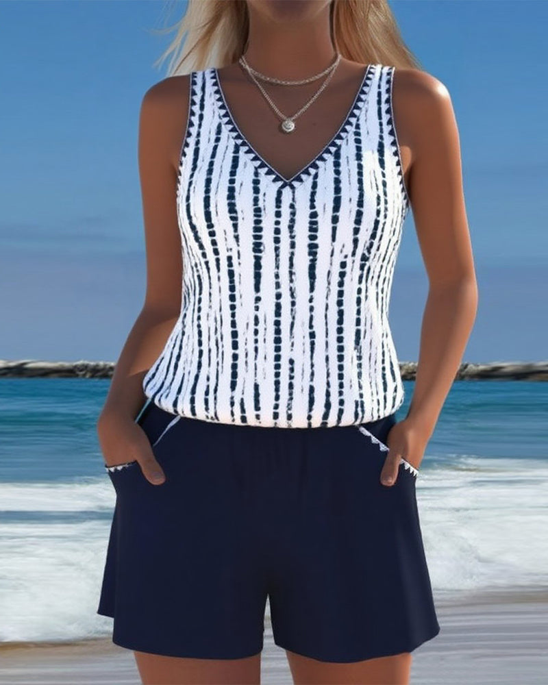 Conjunto de Tankini de Rayas con Escote en V para Mujer con Bolsillo y Pantalones Cortos Sólidos – Nautica