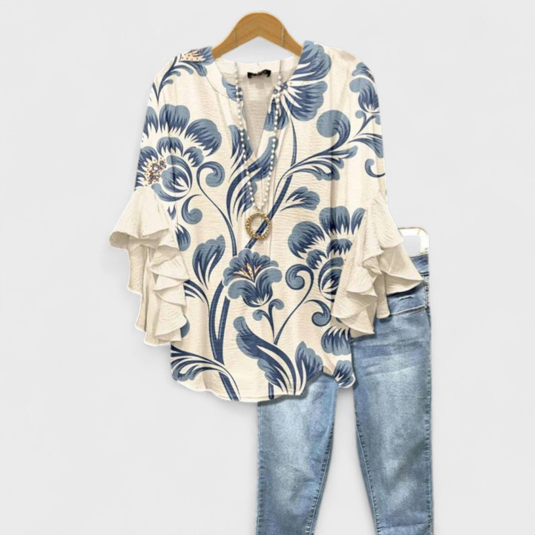 Blusa Floral Ligera para Mujer con Volantes y Manga de Campana, Cuello en V, Casual, Elegante, Ideal para el Día a Día – Kay