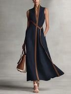 Vestido Midi Formal Sin Mangas de Algodón y Lino para Mujer, Cuello Alto, Verano, Playa, Vacaciones, Trabajo, Uso Diario – Aurora