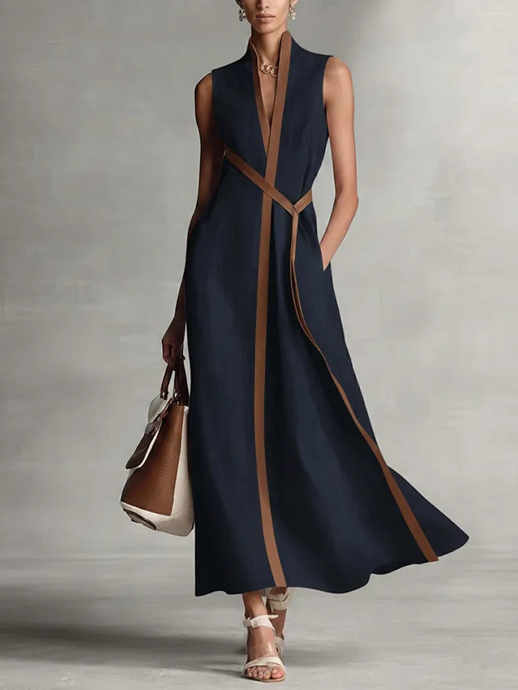 Vestido Midi Formal Sin Mangas de Algodón y Lino para Mujer, Cuello Alto, Verano, Playa, Vacaciones, Trabajo, Uso Diario – Aurora