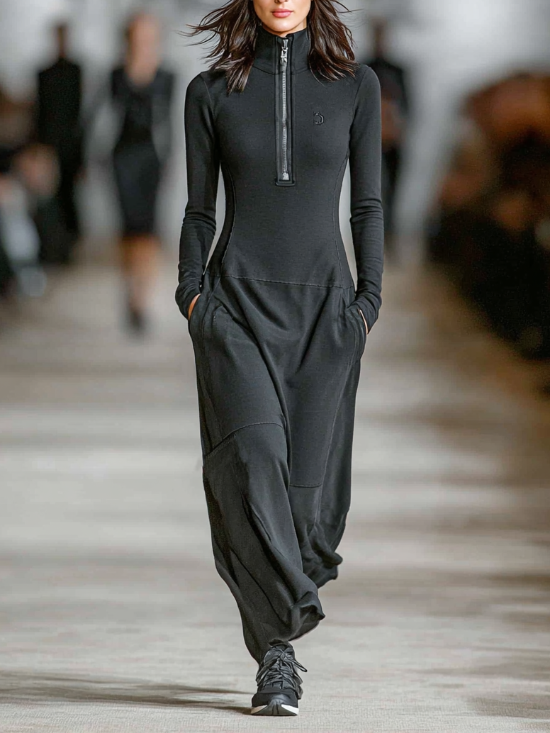 Vestido Largo de Mezcla de Algodón para Mujeres con Cuello Medio-Alto y Cierre de Cremallera, Corte Suelto, Casual y Athleisure – Negro