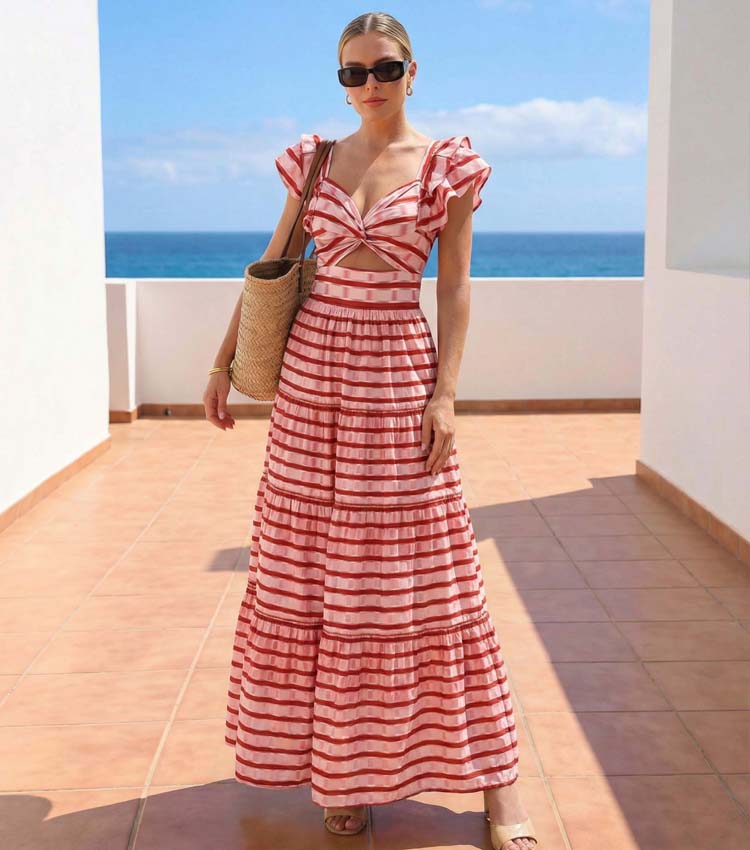 Conjunto de Traje de Baño de Una Pieza con Volantes y Falda Larga a Rayas Rojas - Frente Torcido para Vacaciones en la Playa, Fiesta en la Piscina, Verano en el Resort – Rojo y Blanco