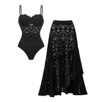Conjunto de Traje de Baño de Una Pieza Negro con Corte Láser y Falda Larga con Escote en V para Vacaciones en la Playa, Resort, Fiesta en la Piscina y Crucero – Negro