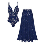 Bañador de Una Pieza con Corte Láser de Flores Huecas para Mujeres con Falda Cubierta, Escote en V, Elegante para la Playa, Verano – Azul Marino