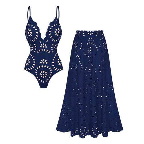 Bañador de Una Pieza con Corte Láser de Flores Huecas para Mujeres con Falda Cubierta, Escote en V, Elegante para la Playa, Verano – Azul Marino